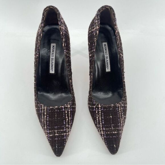 Manolo Blahnik BB Tweed Whipstitch Pumps Pointed Toe Purple Brown 37.5 / 7.5 - Picture 2 of 15